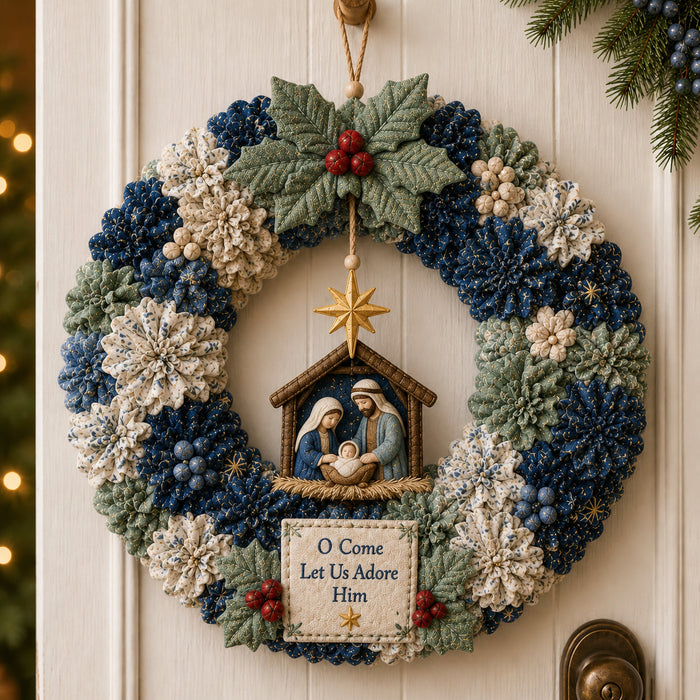 O Come Let Us Adore Him nativity wreath with blue and cream fabric blooms