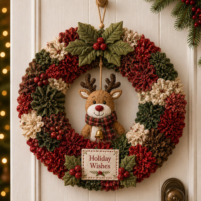 Holiday Wishes reindeer wreath in traditional Christmas colors