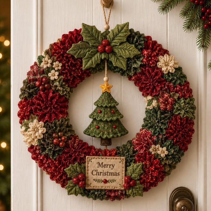 Merry Christmas Tree design with red and green dimensional fabric wreath