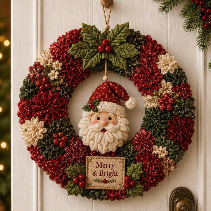 Merry and Bright Santa wreath in deep red, green, and cream