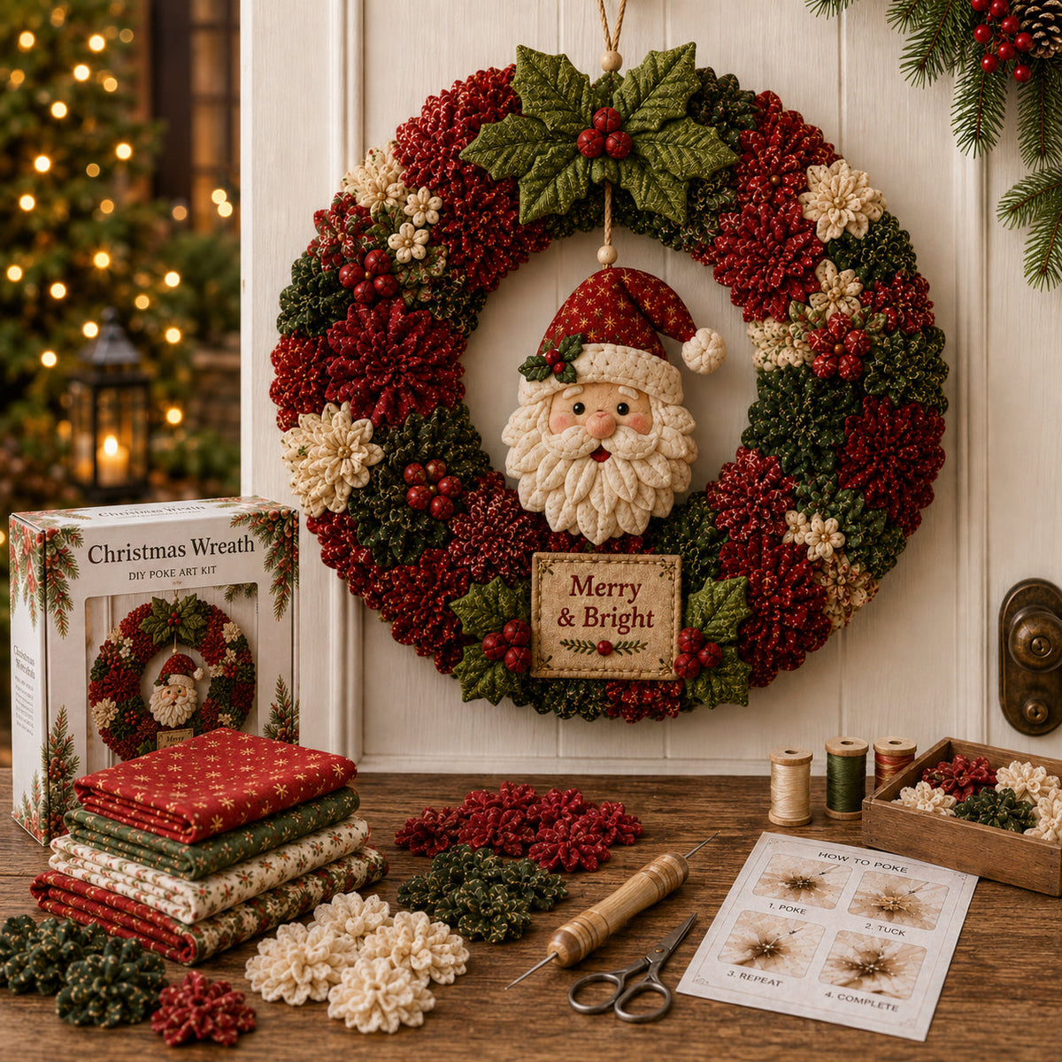 Finished Santa fabric Christmas wreath displayed with craft materials and poke tool