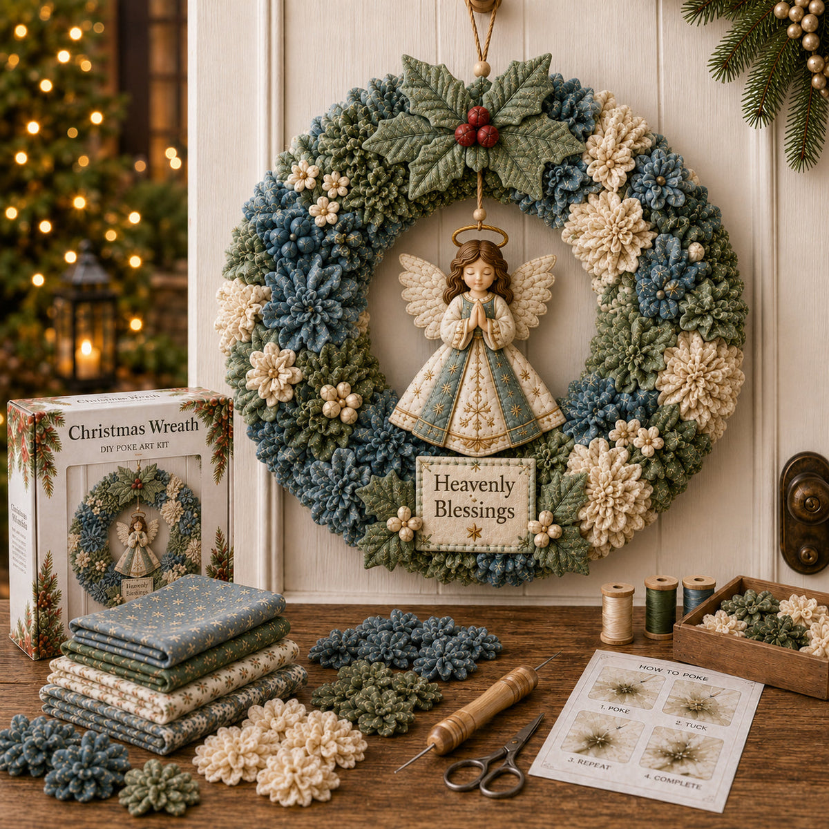Angel wreath alongside fabric pieces and DIY craft supplies