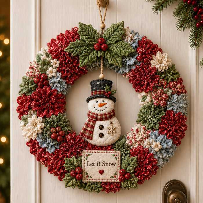 Let It Snow snowman wreath with dimensional fabric flowers