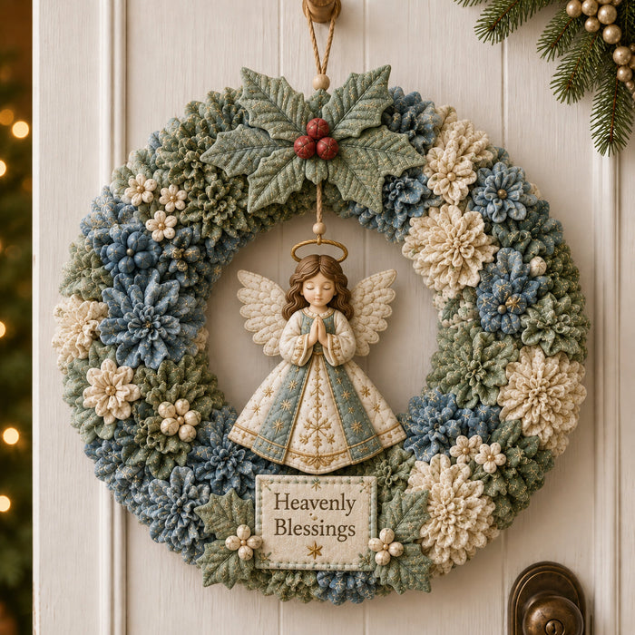 Heavenly Blessings angel wreath with blue, sage, and ivory blooms